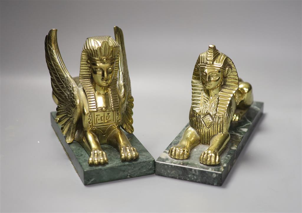 Two brass sphinx, one winged, on marble bases, tallest 17cm
